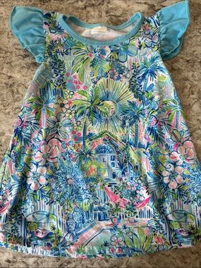 Lilly Pulitzer Girls Floral Flutter Sleeve Top - Blue, Pink & Green